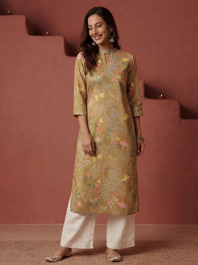 Mustard Jungle Floral Mandarin-Collar Kurti