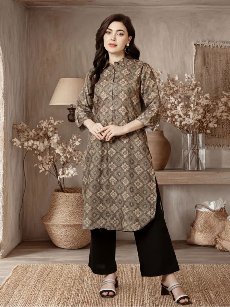 Olive Ajrakh Mandarin-Collar Long Kurti