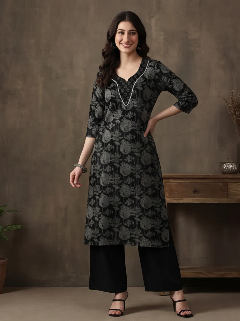 Midnight Black Floral Notch-Neck Kurti