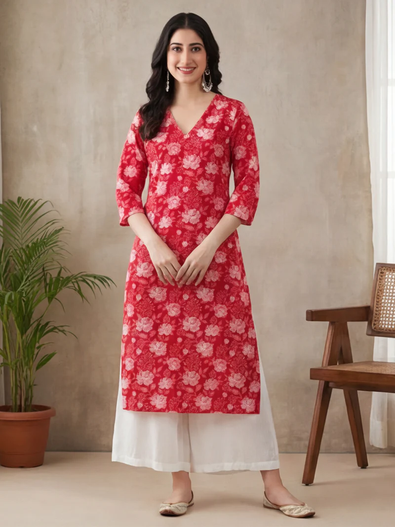 Scarlet Rose Print V-Neck Straight Kurti