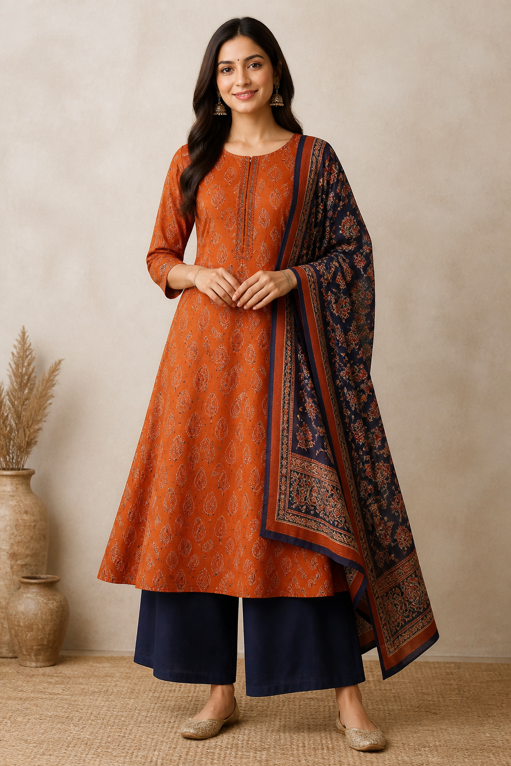Rust Paisley Block-Print A-Line Kurti Set