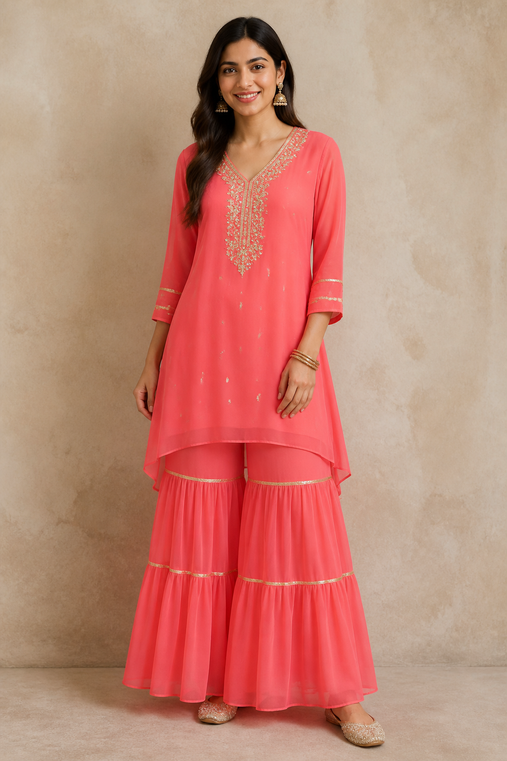 Coral Gota Patti Sharara Kurti Set