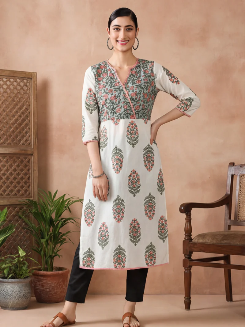 Off-White Mughal Motif Angrakha Kurti