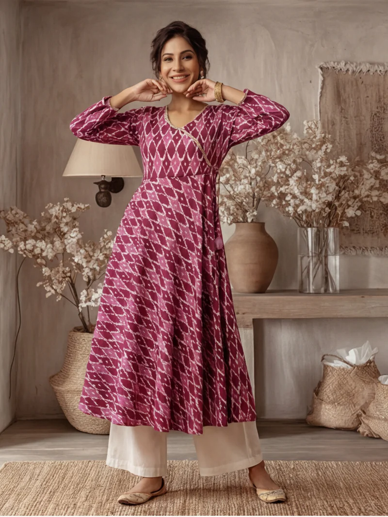 Wine Ikat Print Angrakha Anarkali Kurti