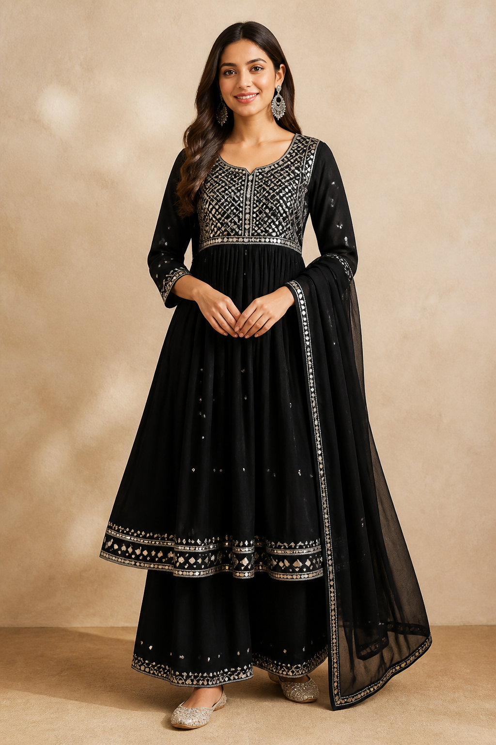 Black Mirror Work Anarkali Kurti Set