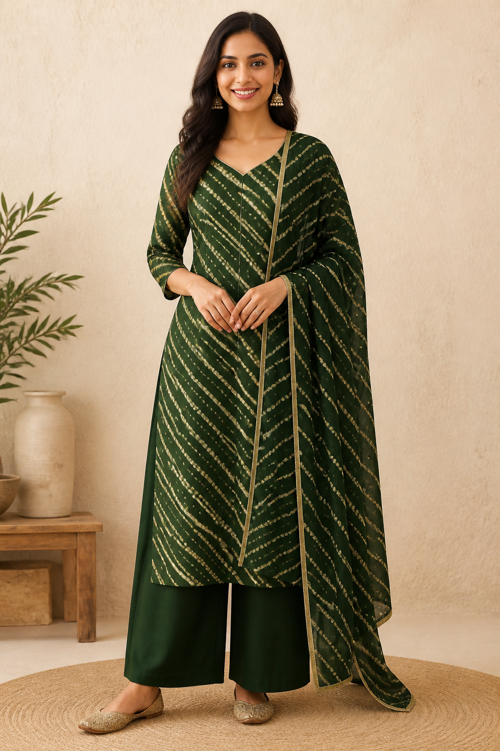 Forest Green Leheriya Rayon Kurti Set