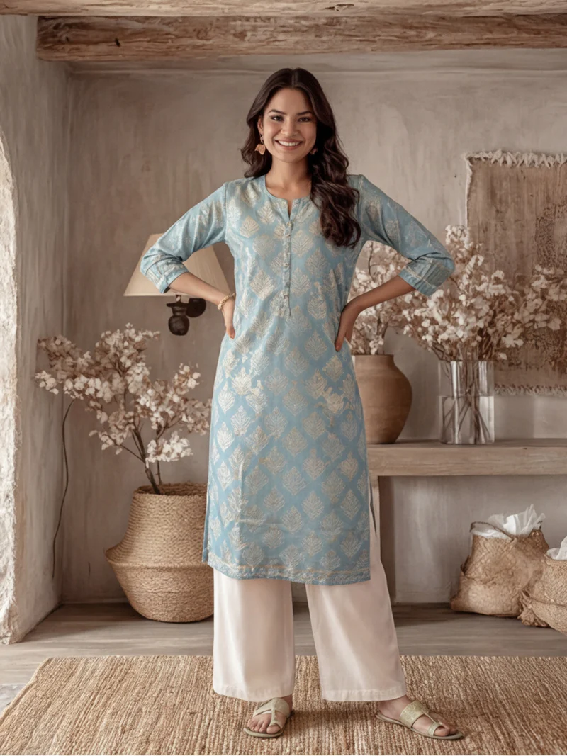 Powder Blue Gold Foil Damask Straight Kurti