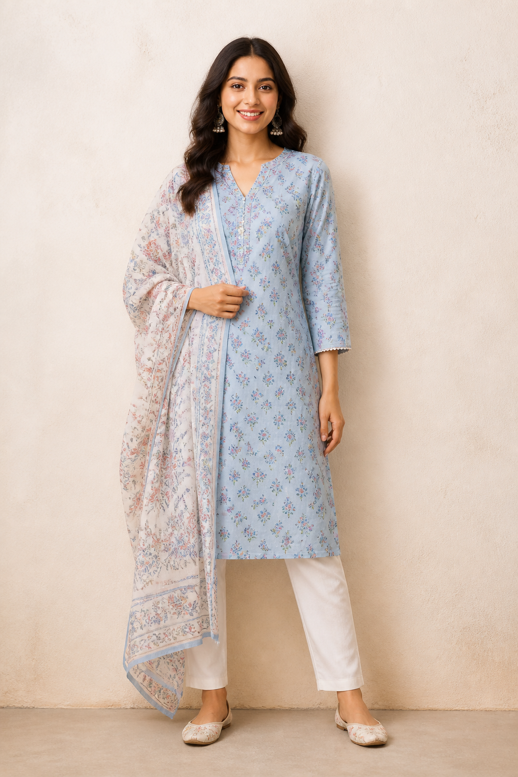 Sky Blue Mulmul Floral Block-Print Kurti Set