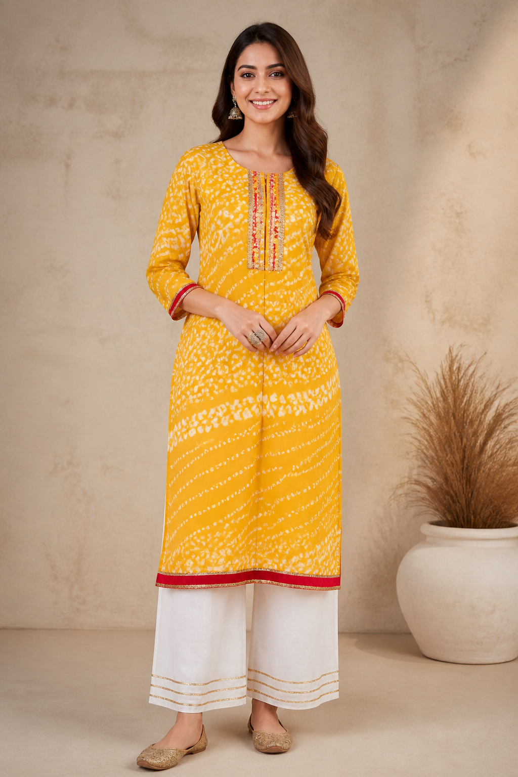 Mustard Bandhani Straight Cotton Kurti Set