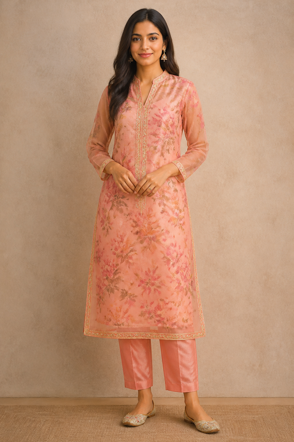 Peach Organza Floral Kurti Set with Lace Border
